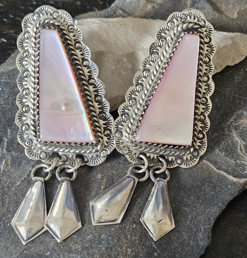Navajo Pink Mother of Pearl Sterling Silver Earrings